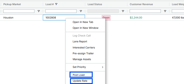 Load Board right-click context menu showing Truckstop options.