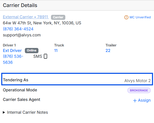 Image showing the Tendering As field in the carrier details on the load details page.