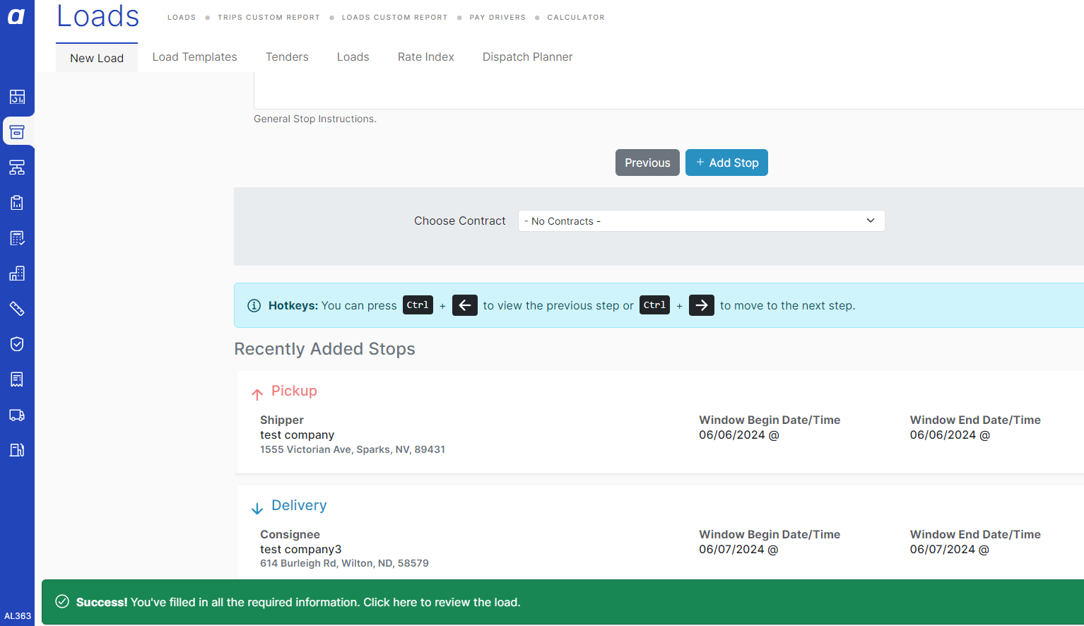 Newly created load in Open status, showing the load record page after creation
