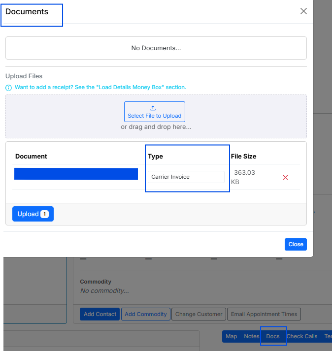 Document upload with Type set to “Carrier Invoice”