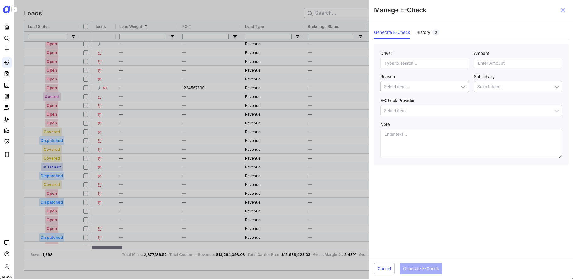 Manage E-Check side panel