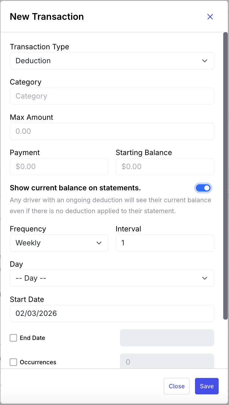 Upload balance-based-deduction-setup-form.png here. This image shows: the Add Deduction form on a driver profile with the Maximum Amount, Starting Balance, and Payment Amount fields filled in alongside the frequency selector.