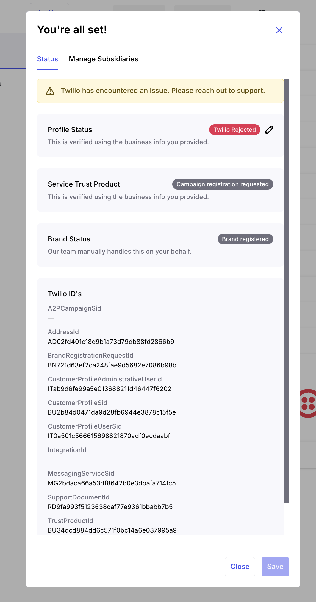 Alvys Twilio (New) edit icon next to a failed section and the resubmission form.