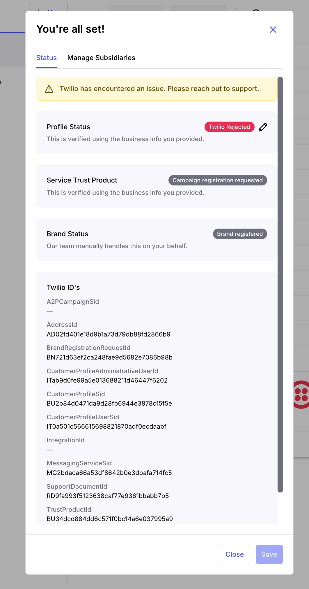 Alvys Twilio (New) edit icon next to a failed section and the resubmission form.