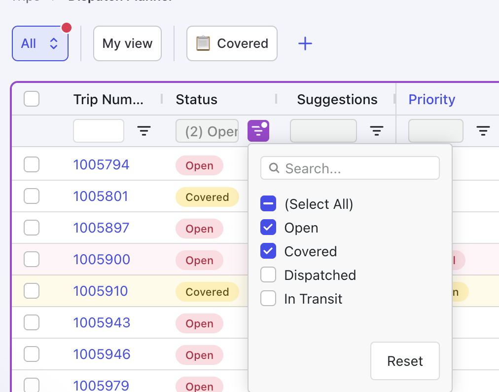 The trips grid in Dispatch Planner v2 with an Open load row highlighted, illustrating where to double-click