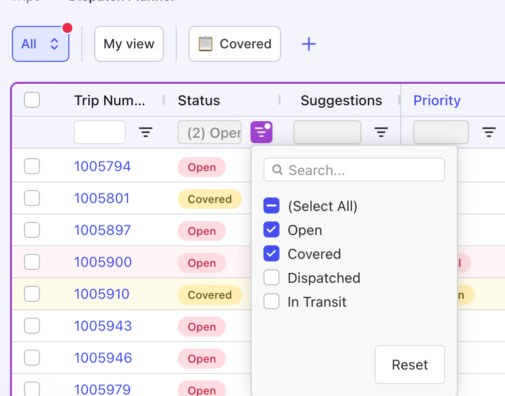 The trips grid in Dispatch Planner v2 with an Open load row highlighted.