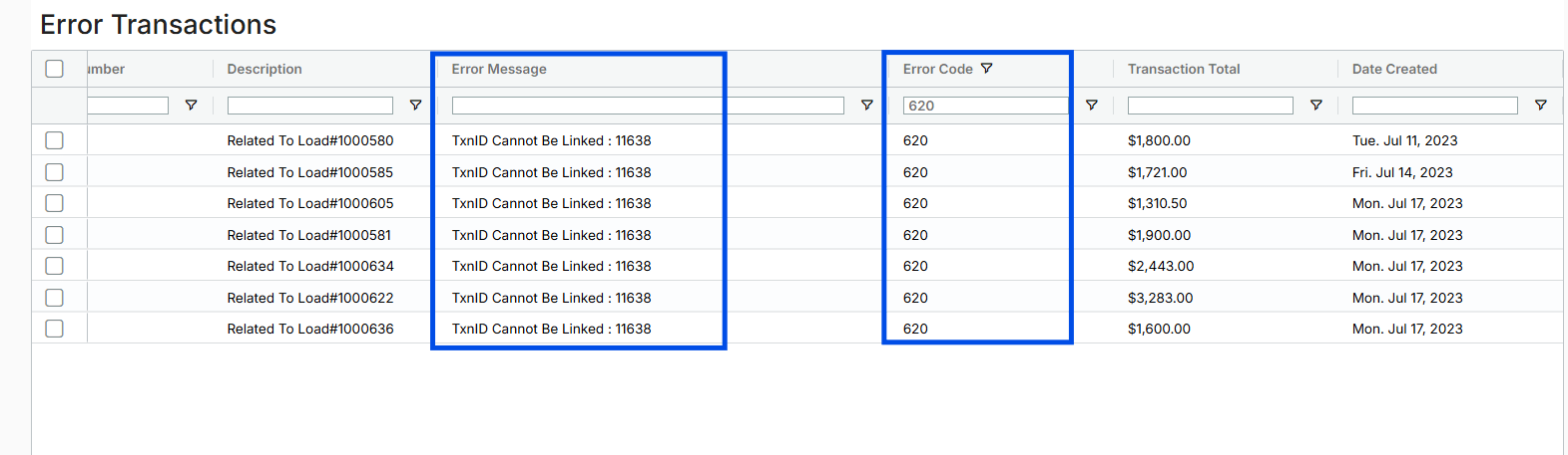 Image displaying the Error Transactions page with the transaction linking error for transactions