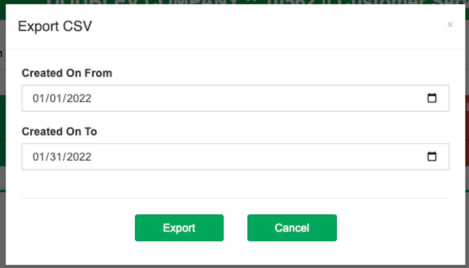 This image shows the date range selector and Export button in the Compass portal.