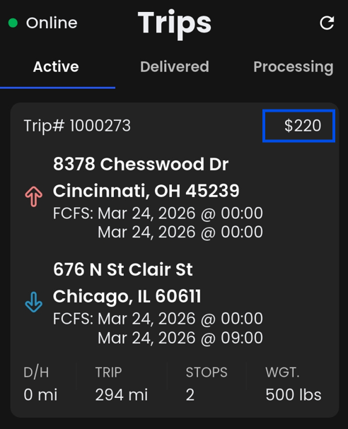 Mobile app load screen showing trip value field