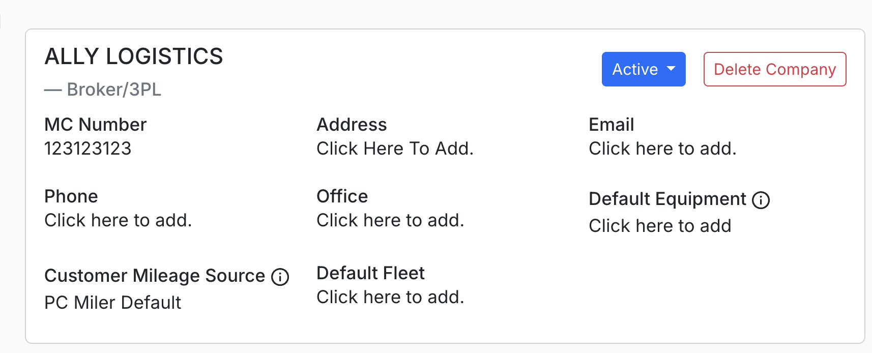 Screenshot showing the status button in the top right corner of a company profile.