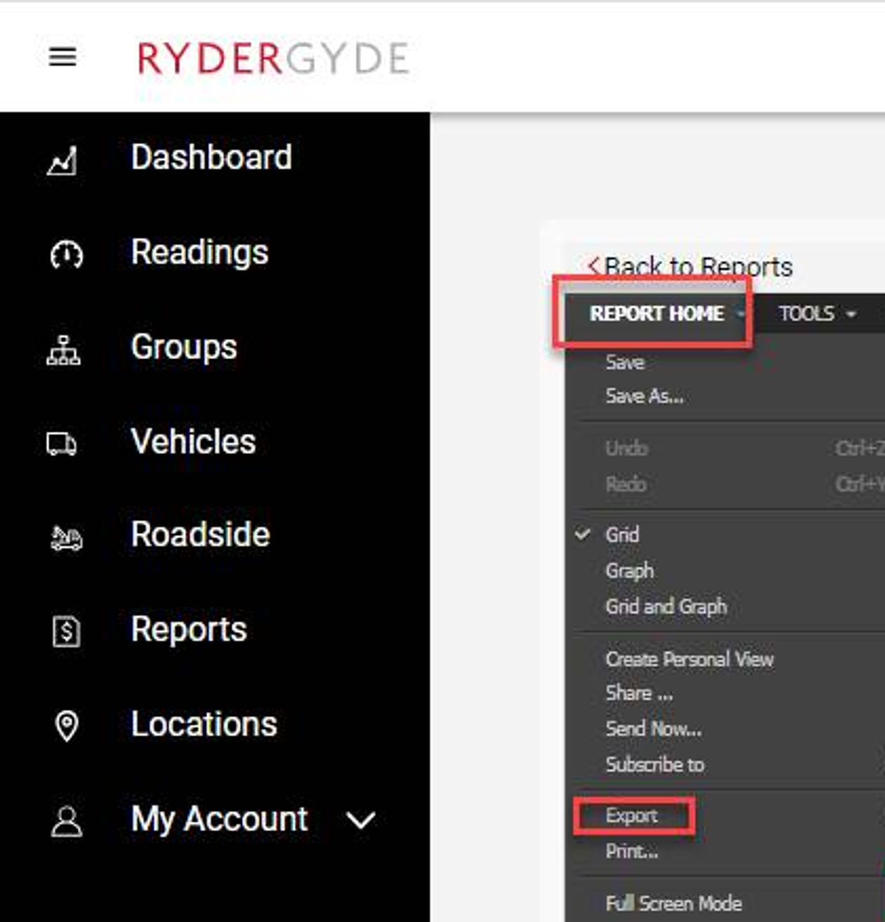 the RyderGyde Report Home screen with the Export option and Excel format selection highlighted