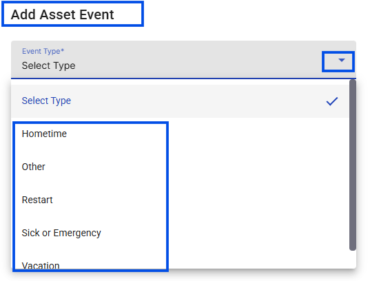 Image showing Add Asset Event form on a driver profile with the new event options.