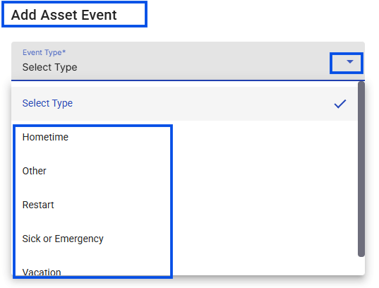 Image showing Add Asset Event form on a driver profile with the new event options.