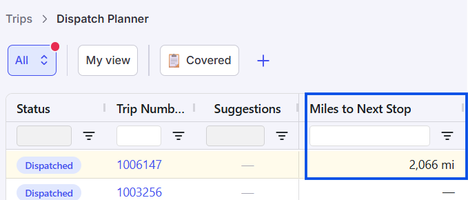 Image showing “Miles to Next Stop” Column on Dispatch Planner