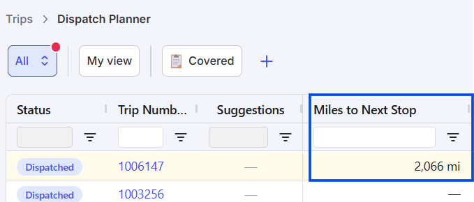 Image showing “Miles to Next Stop” Column on Dispatch Planner