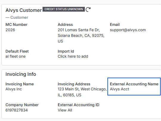 Displays a customer invoicing overview layout with a blue box framing the configured External Accounting Name ('Alvys Acct').