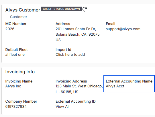 Displays a customer invoicing overview layout with a blue box framing the configured External Accounting Name ('Alvys Acct').