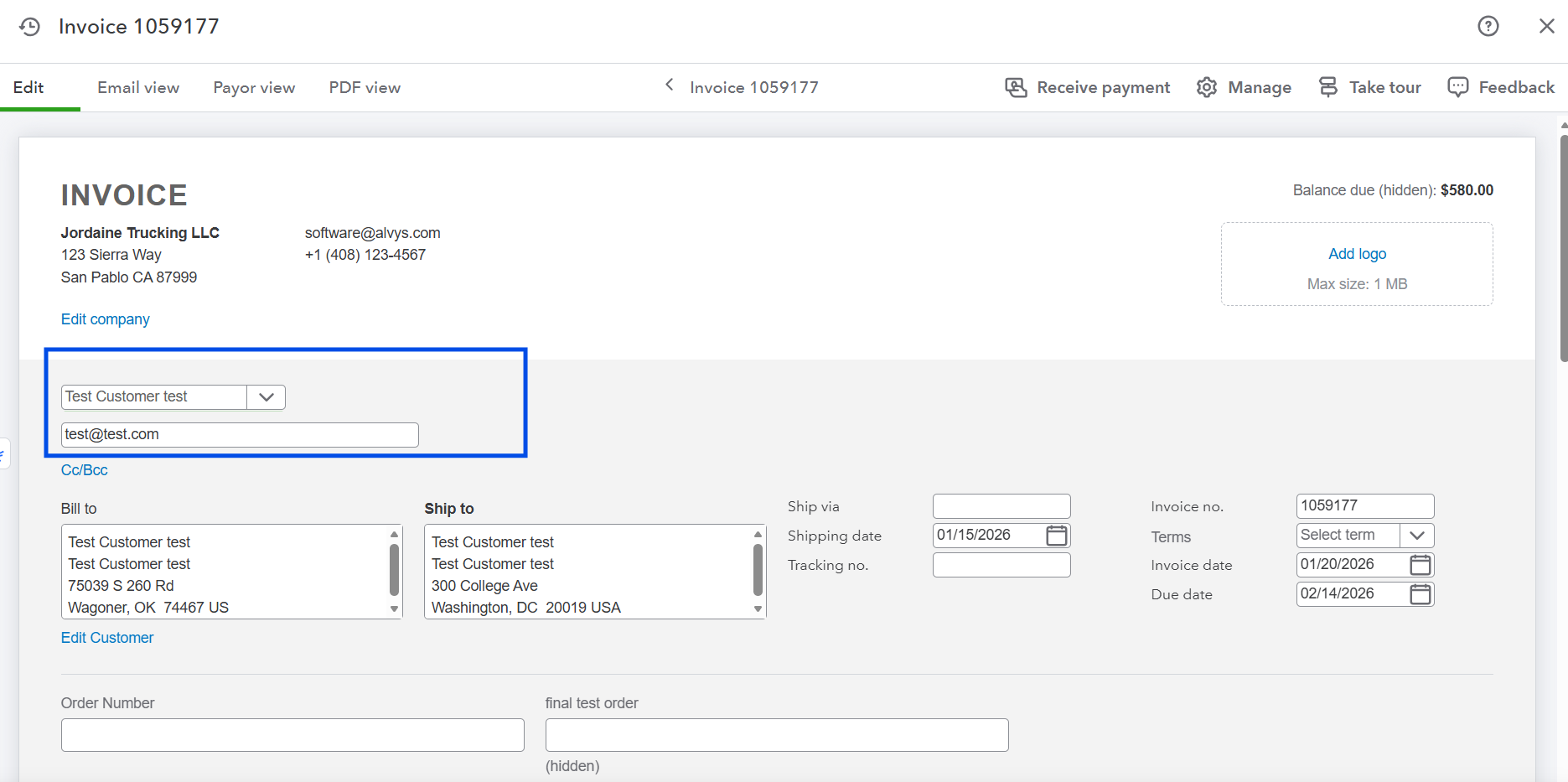 Shows the updated invoice view for document 1059177, highlighting the blue dropdown box that reflects the new buyer profile name ('Test Customer test').