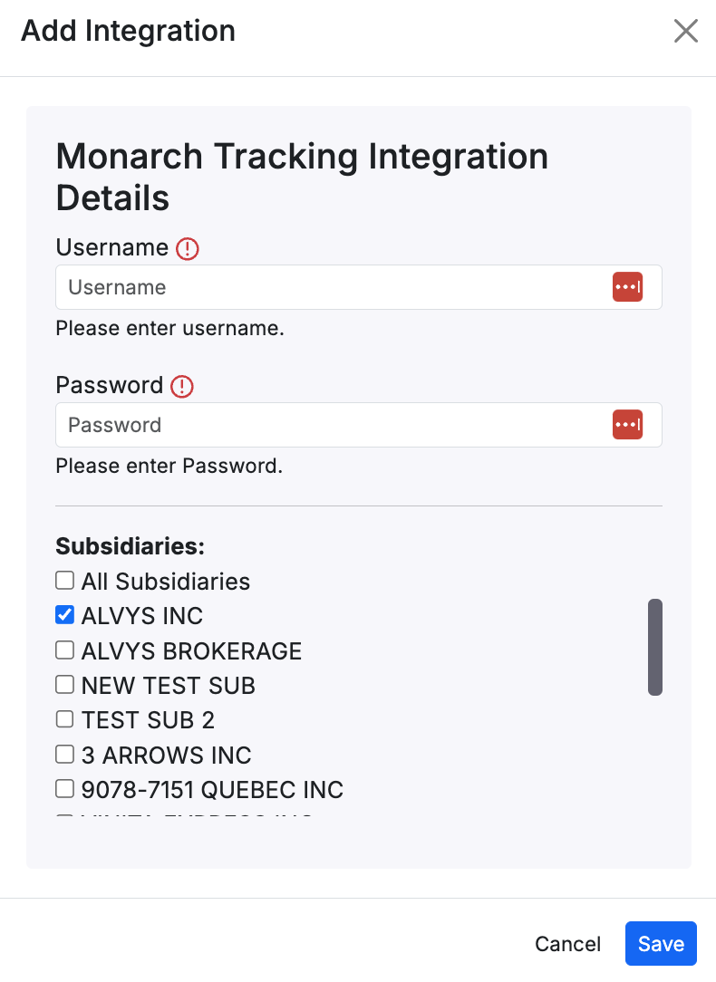 Monarch card in the ELD section of the Company Profile Integrations tab, showing the credential entry form with Username and Password fields