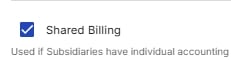 Screenshot showing the Shared Billing toggle in the QBD integration settings.