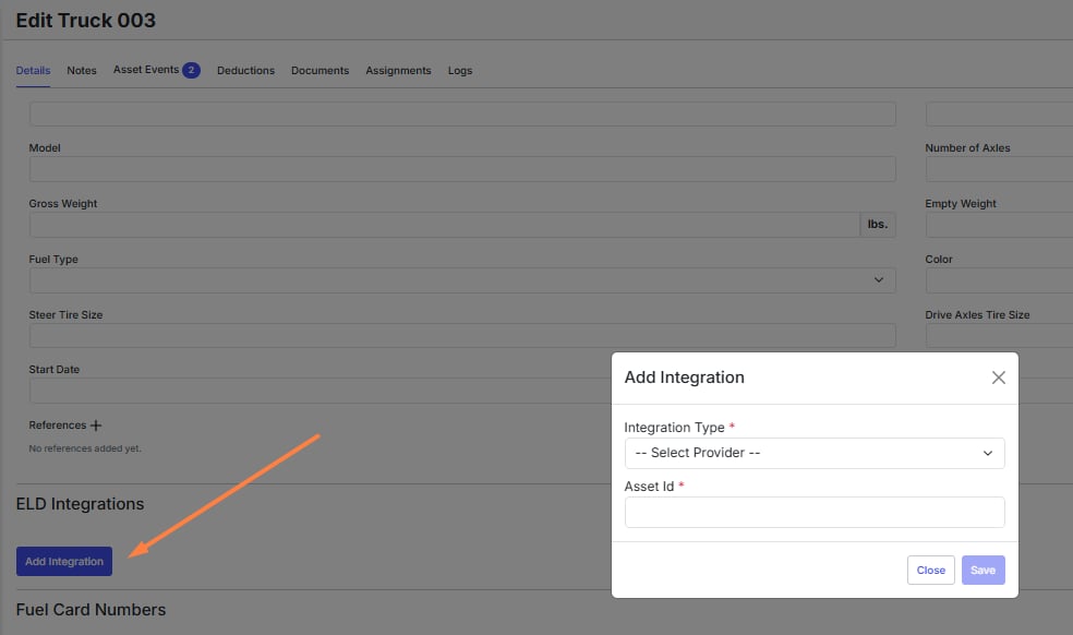 Image shows truck profile with the ELD Integrations section open