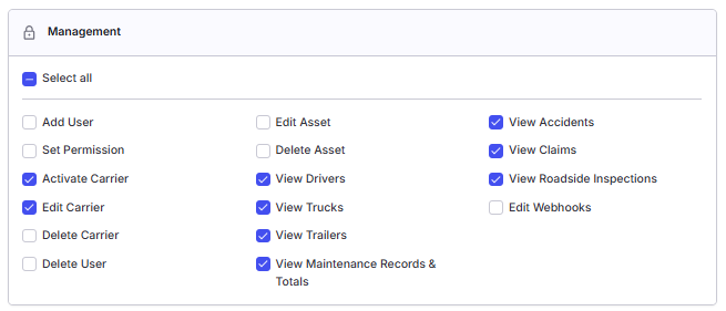 User profile permissions section showing toggleable permission checkboxes.