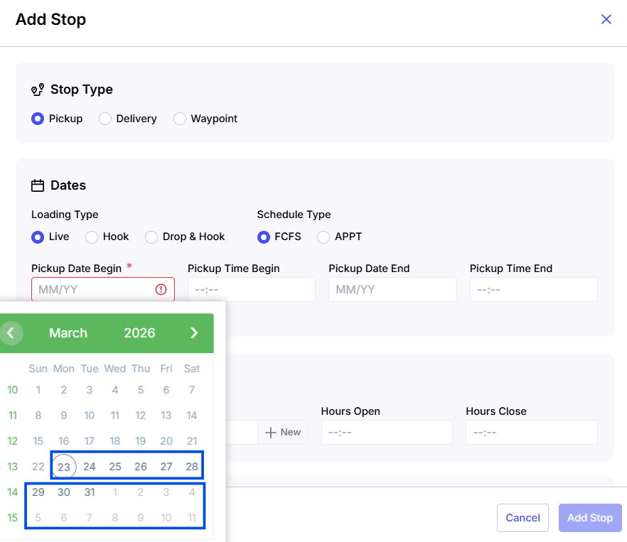 Add Stop calendar without Calendar Past Dates permission (past dates restricted).