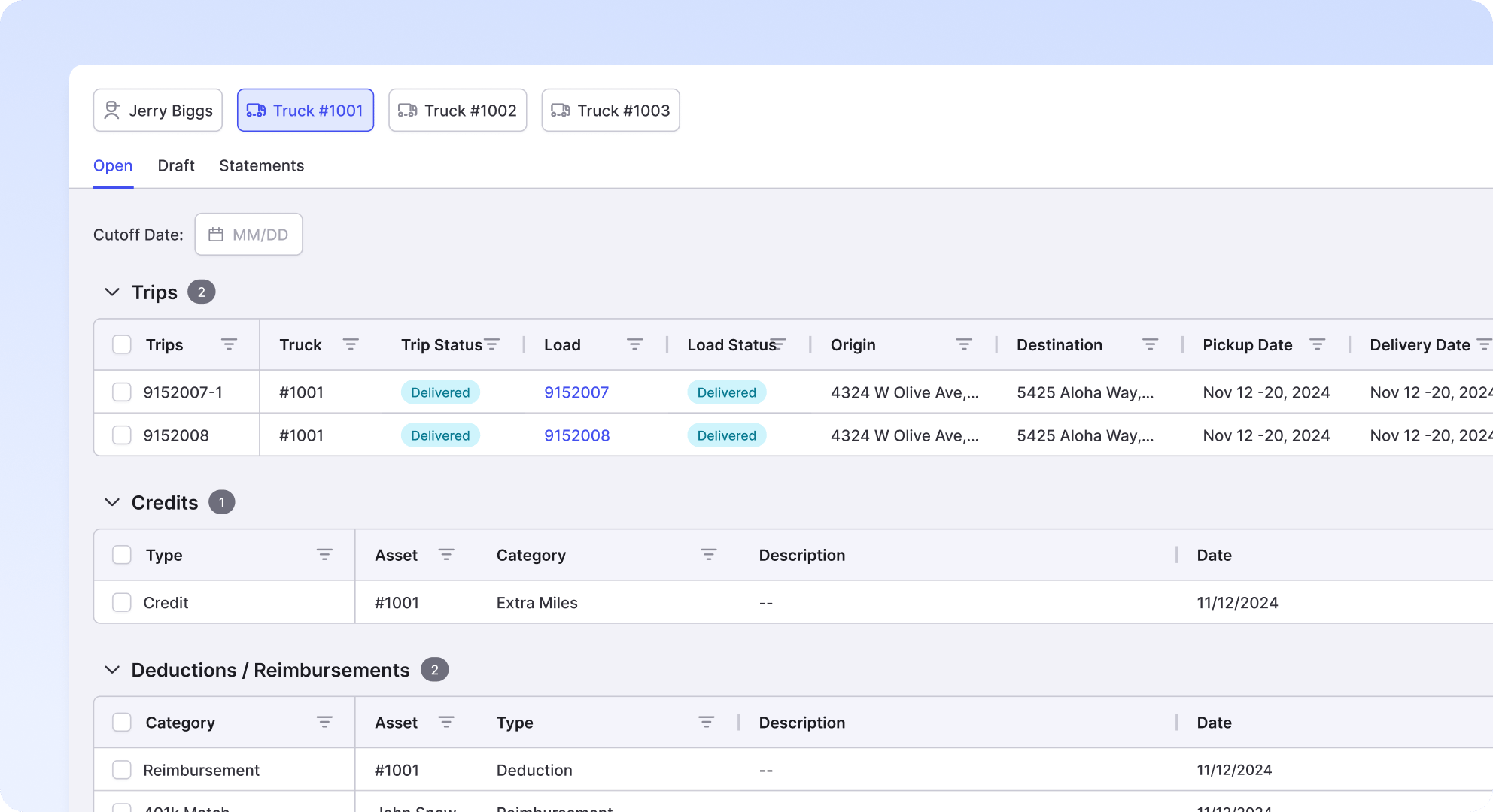Driver Settlements tab showing payable items in “Open Status”