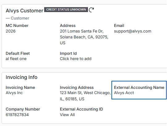 Customer profile with External Accounting Name field highlighted.