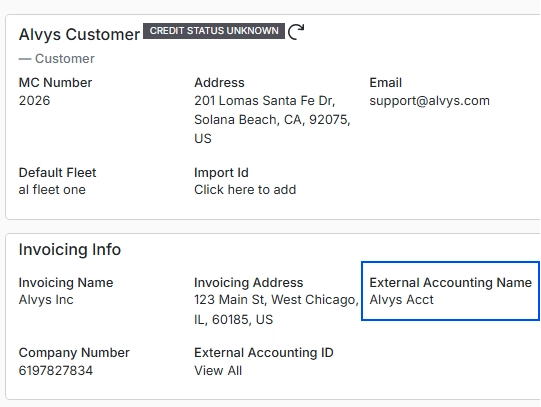 Customer profile with External Accounting Name field highlighted.