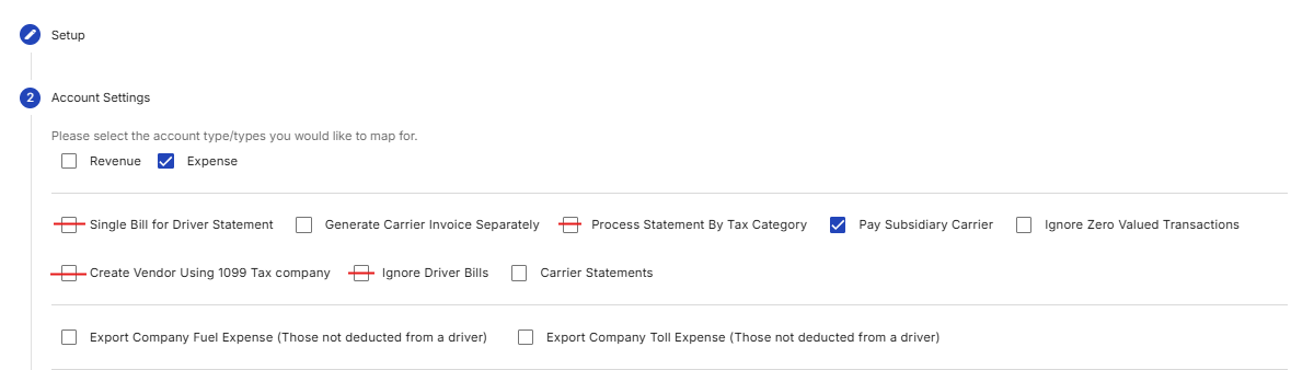 Displays the active configuration of Pay Subsidiary Carrier, which renders conflicting single bill options struck through in red.