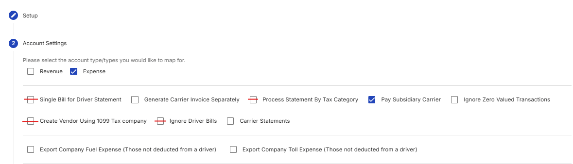 Displays the active configuration of Pay Subsidiary Carrier, which renders conflicting single bill options struck through in red.