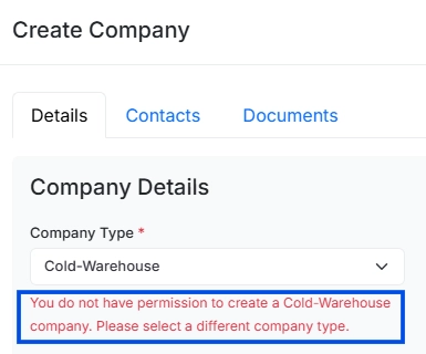 Screenshot showing the error message a user receives when attempting to create a non-customer company type without the 'Create Company' permission.