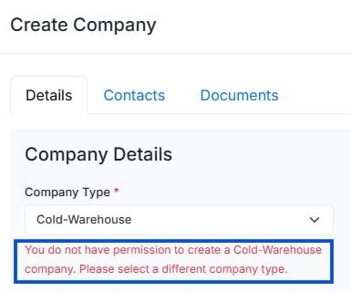 Screenshot showing the error message a user receives when attempting to create a non-customer company type without the 'Create Company' permission.