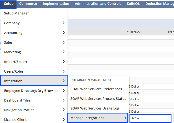 Creating a new integration record (Manage Integrations > New)