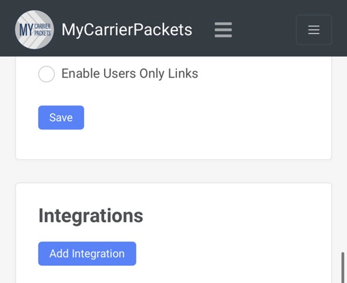 MyCarrierPackets Add Integration form with fields filled in.