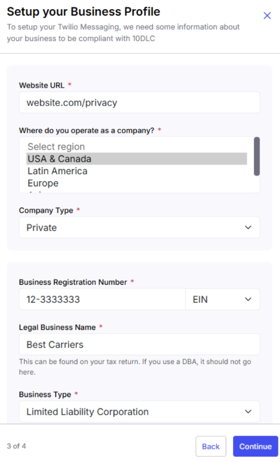 Alvys Twilio Step 3 of 4 “Setup your Business Profile“ form