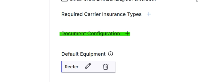Document Configuration section of Company Profile with the Manage Important Info window for adding the Notice of Assignment