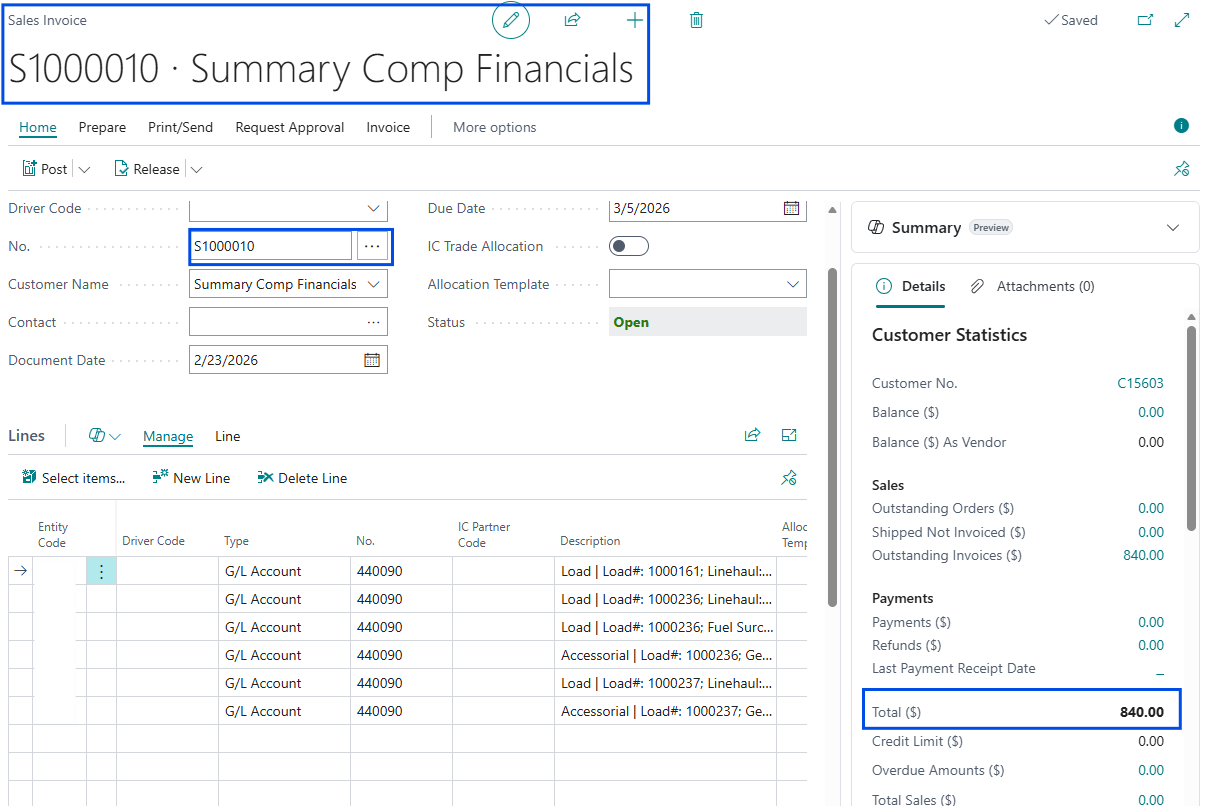 Sales invoice example in Business Central.