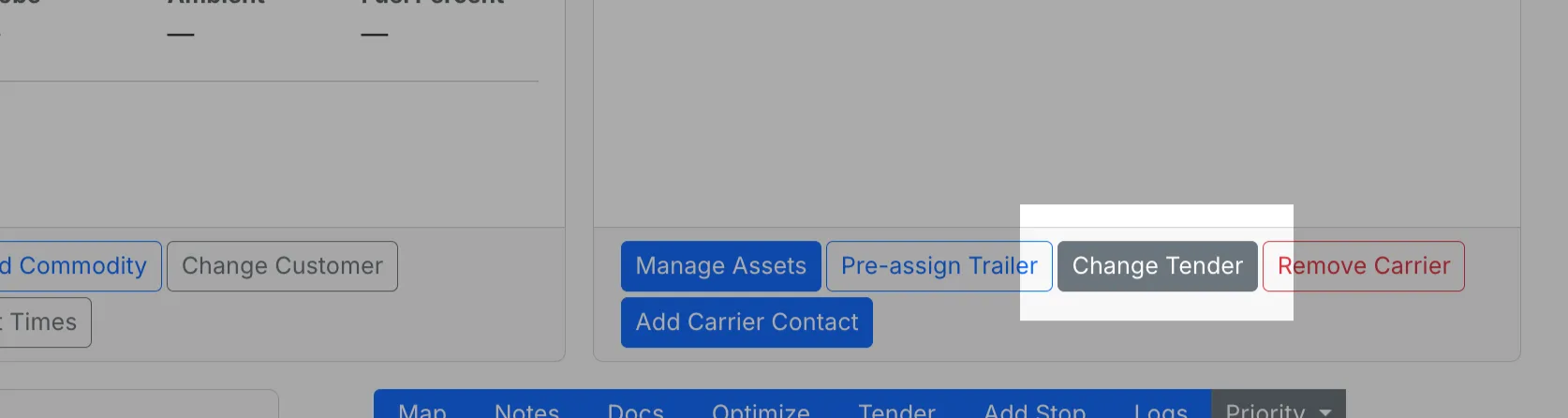 Screenshot showing the Carrier Details section on the load details page with the Change Tender button and Tender As field visible