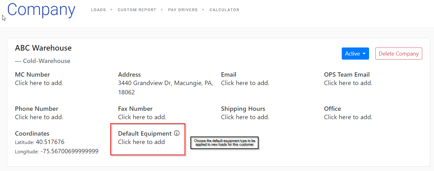 Screenshot showing the Default Equipment field on a customer profile