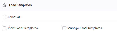 Shows: Permissions panel with the Load Templates category expanded, displaying View Load Templates and Manage Load Templates checkboxes.