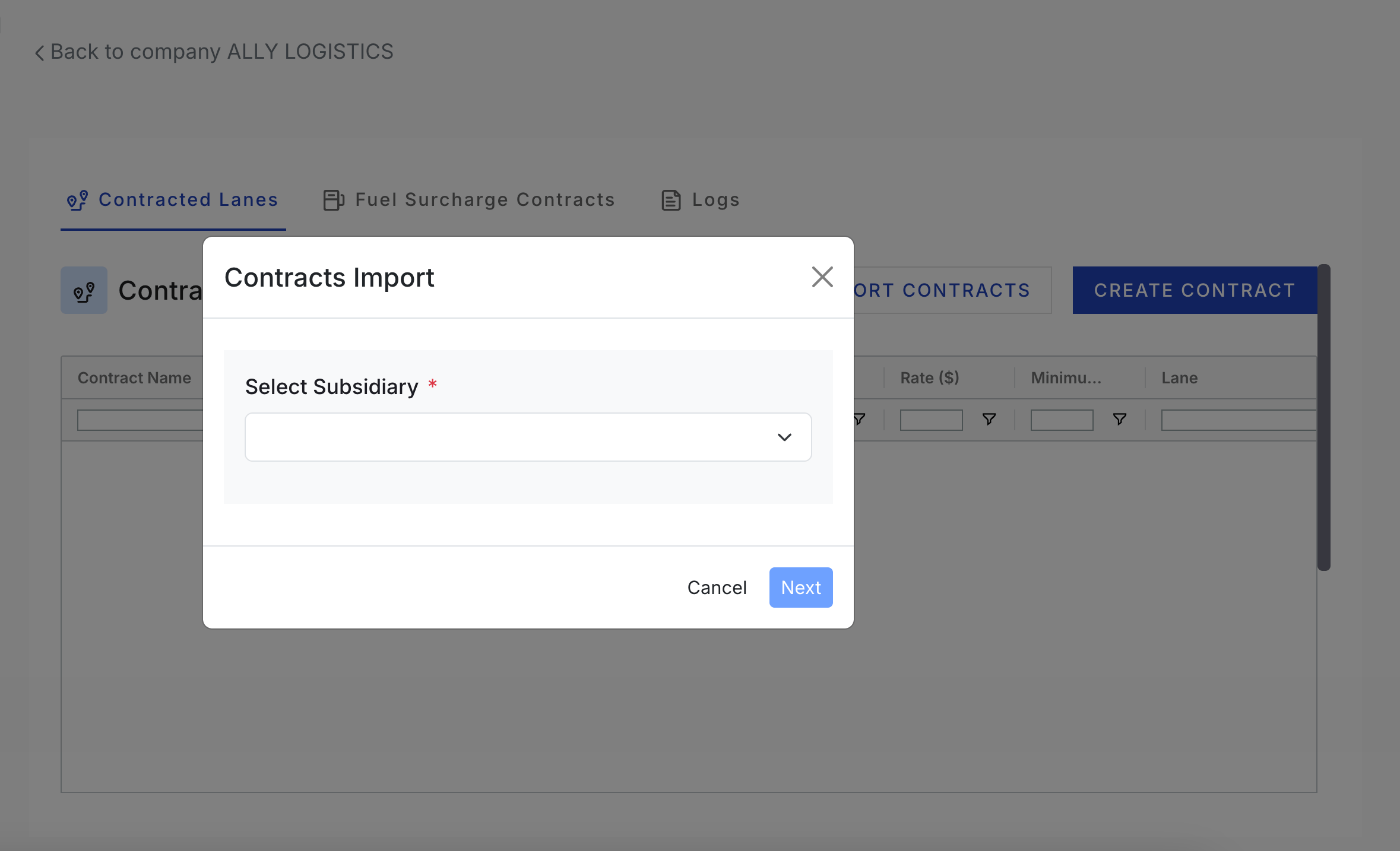 Import Contracts dialog showing the subsidiary selection step and the CSV template download link.