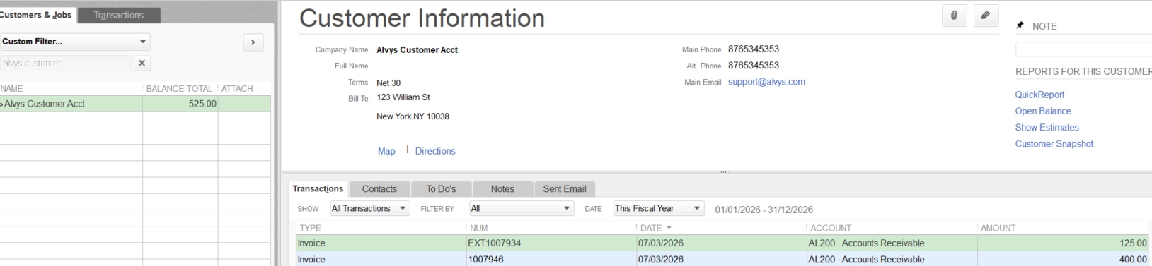 Image showing customer information with invoices in QuickBooks Desktop.