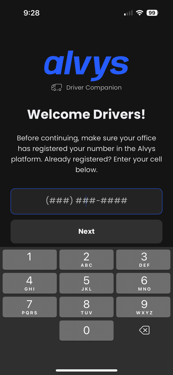 Phone number login screen.