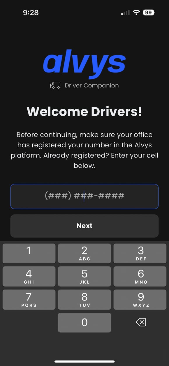 Phone number login screen.