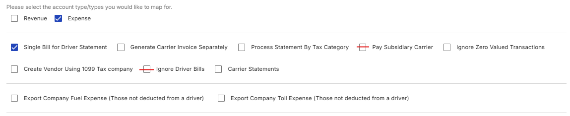 Shows the Account Settings interface with Expense mapping enabled and the Single Bill for Driver Statement parameter actively checked.