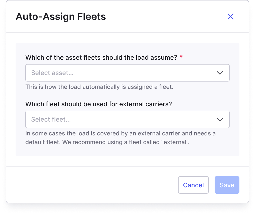 The modal showing the Asset Fleet matching rule option.