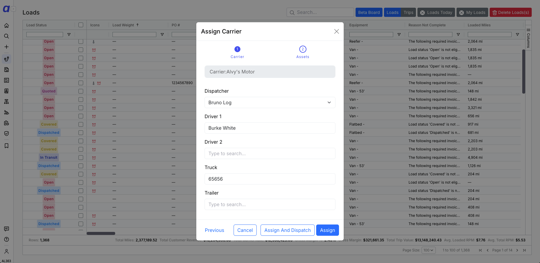 Manage Assets modal for carrier and asset assignment