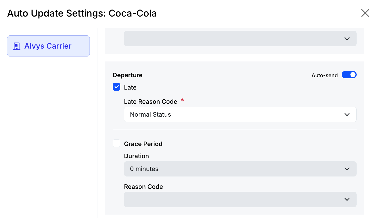 Departures Auto Send toggle and additional options.